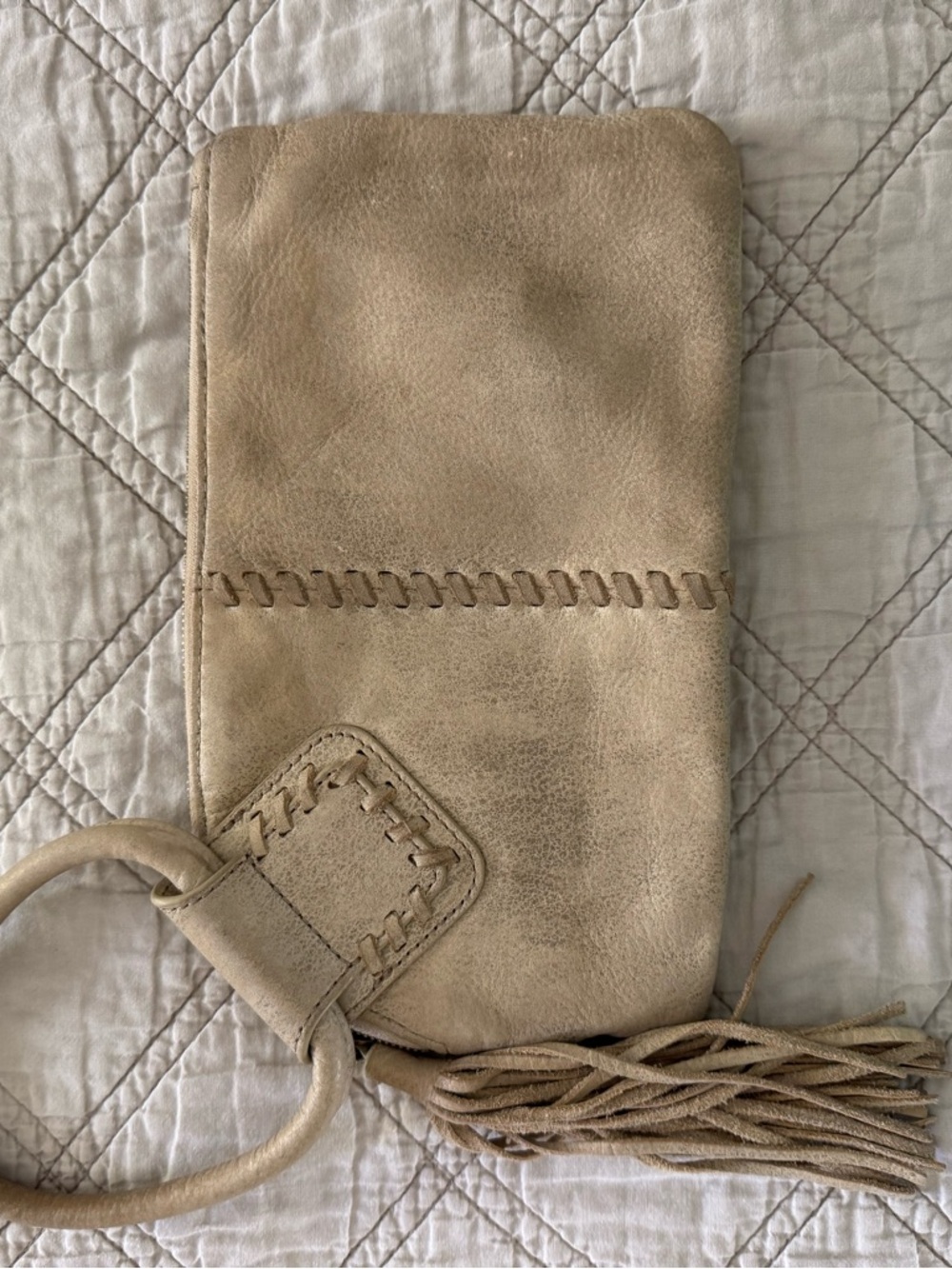 HOBO Tan Leather Wristlet Clutch with Whipstitch and Tassel